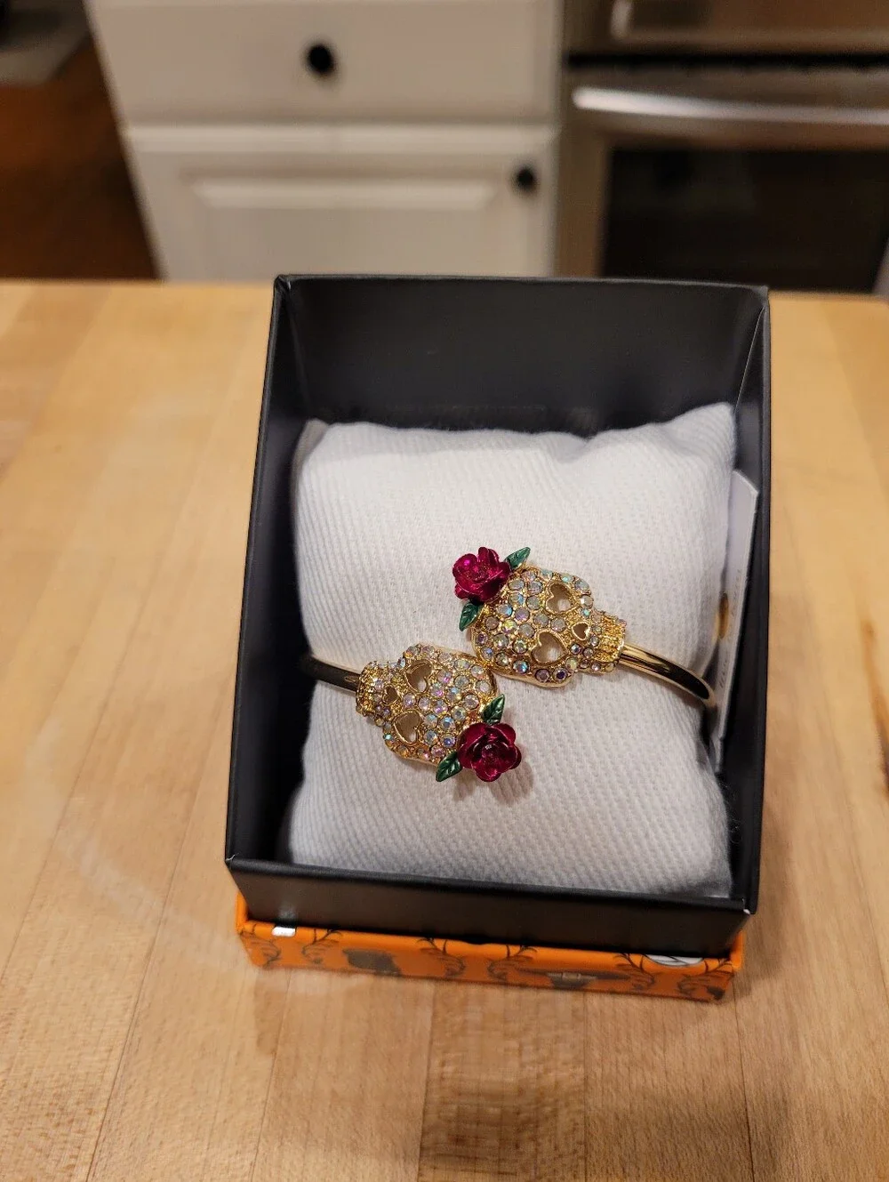 NEW True To Form Gold-Tone Skull Bracelet & Hoop Earrings with Pink Rose Accents